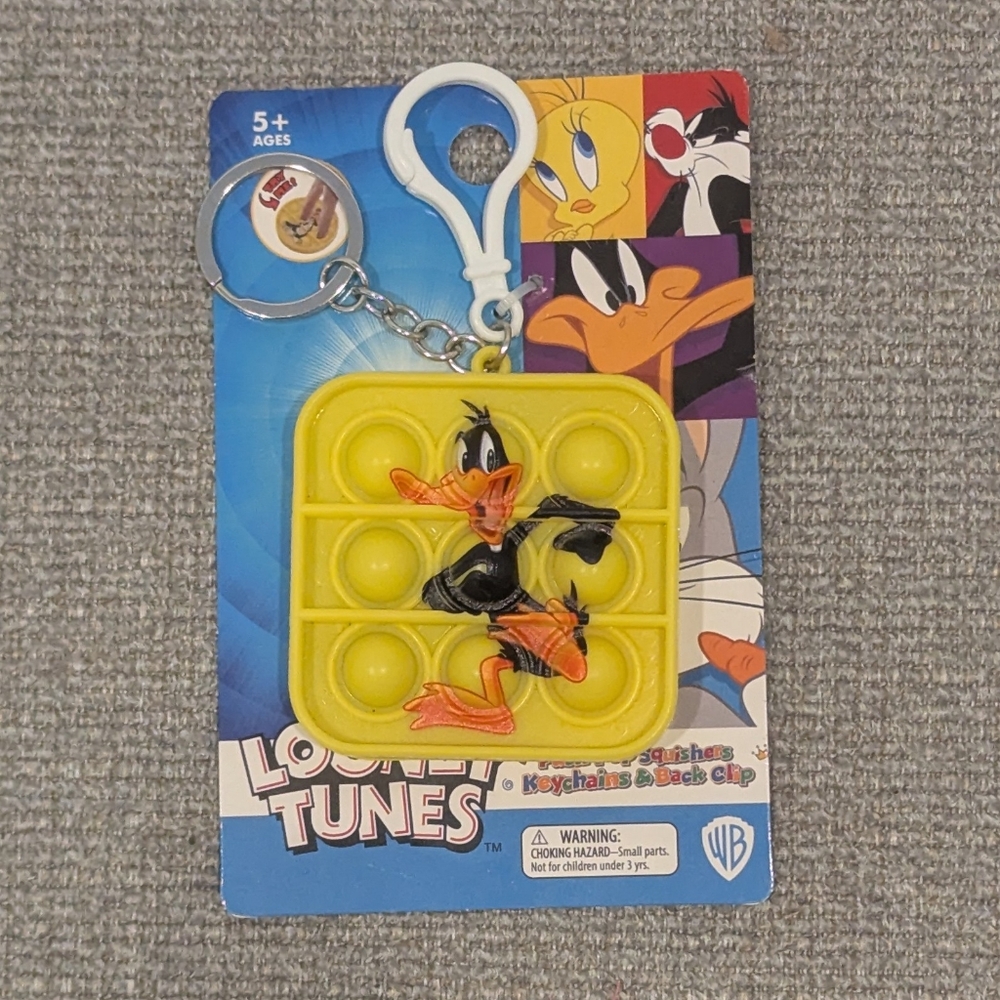 Looney Tunes Square Yellow Push Pop Keychain & Back Clip for Kids NWT